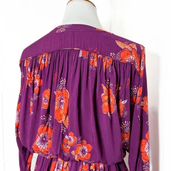 Free People Tropical Floral Print Faux Wrap Tie Sleeve Purple Peplum Blouse - Picture 12 of 15
